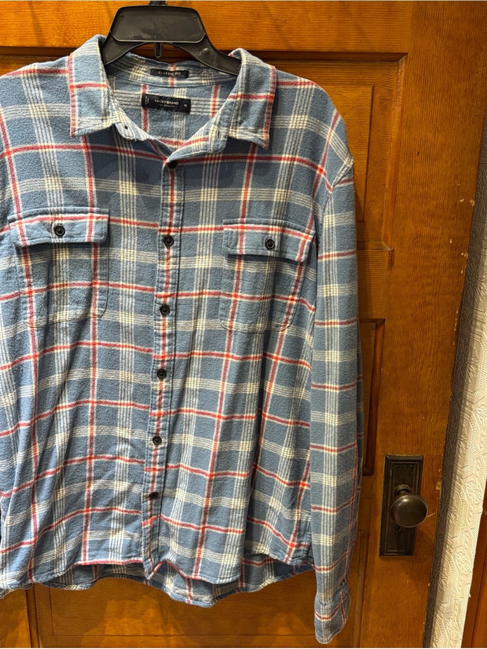 Mens Lucky Brand Size XL Flannel Blue Shirt Plaid Red White Classic Fit Comfy